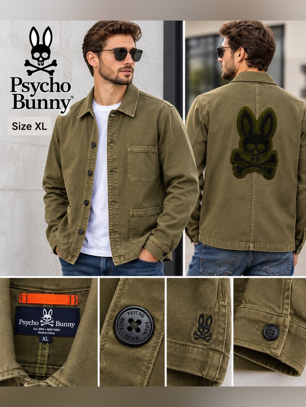 Psycho Bunny Men’s Olive Green Chore Jacket – Size XL – Cotton Blend